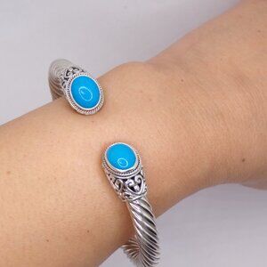 BEAUTIFUL Genuine Sleeping Beauty Turquoise 925 Balinese Cuff Hinged Bracelet